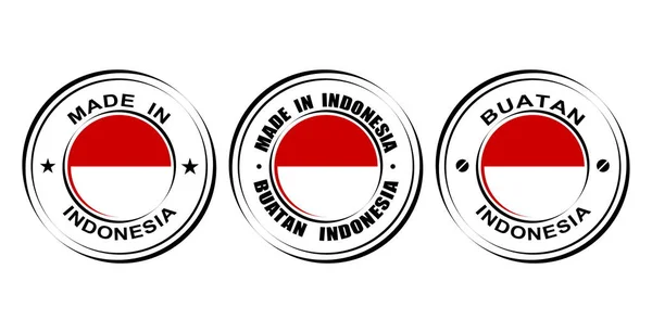Yuvarlak bayrağı ile "Yapılan Endonezya" etiketleri — Stok Vektör