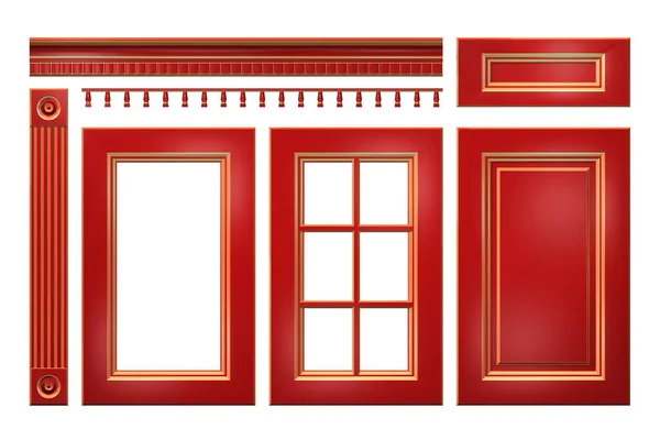 金のドア、引き出し、列、赤白で隔離のキッチン キャビネットのコーニスします。 — ストック写真