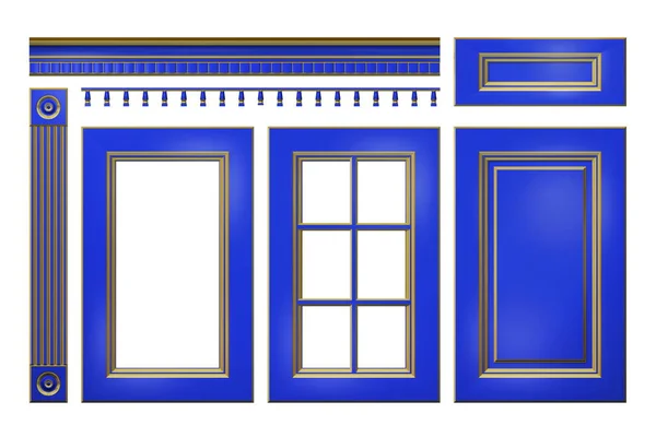 Μπλε με χρυσό πόρτα, συρτάρι, στήλη, γείσο για γραφείων κουζινών που απομονώνονται σε λευκό — Φωτογραφία Αρχείου