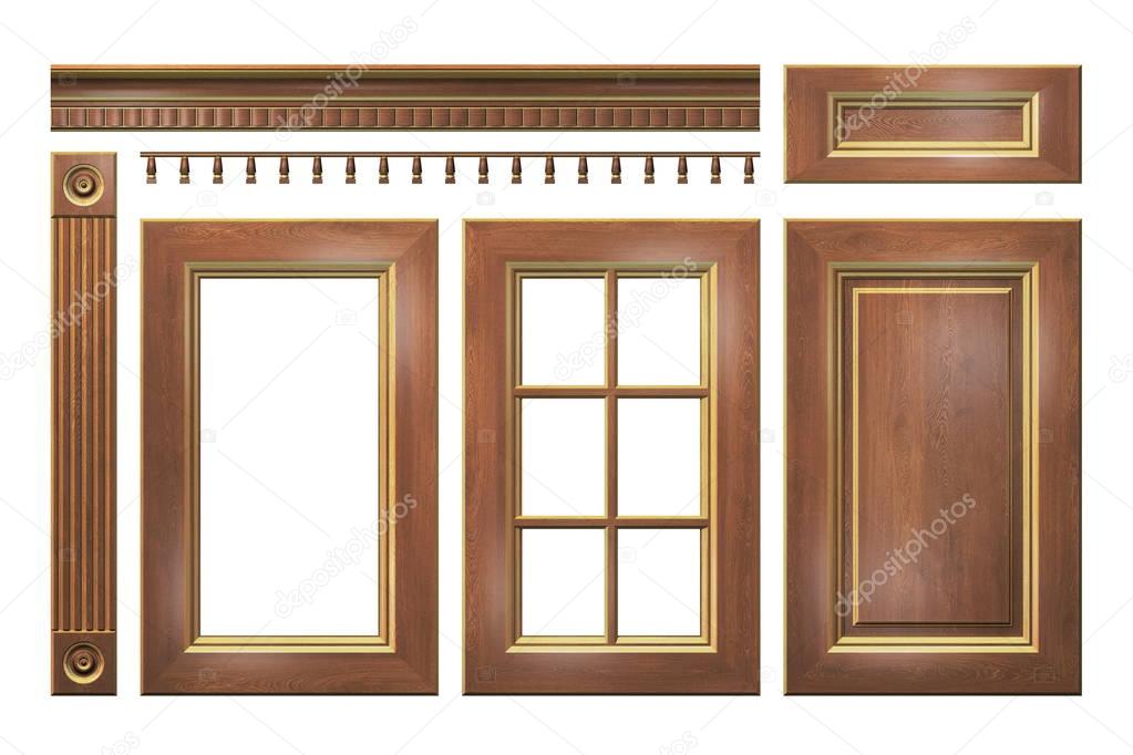 Wooden with gold door, drawer, column, cornice for kitchen cabinet isolated on white 