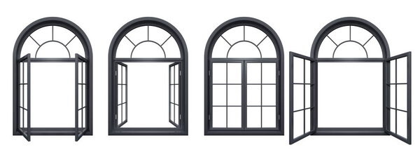 Collection of black arched windows isolated on white