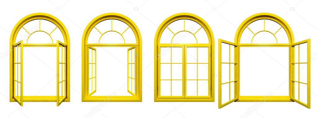 Collection of yellow arched windows isolated on white