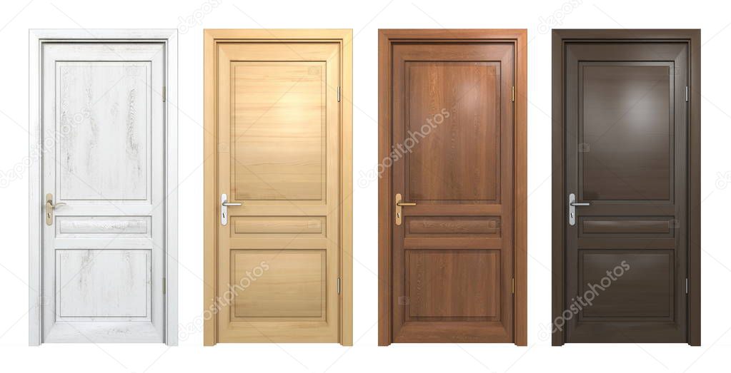 Collection of different wooden doors isolated on white