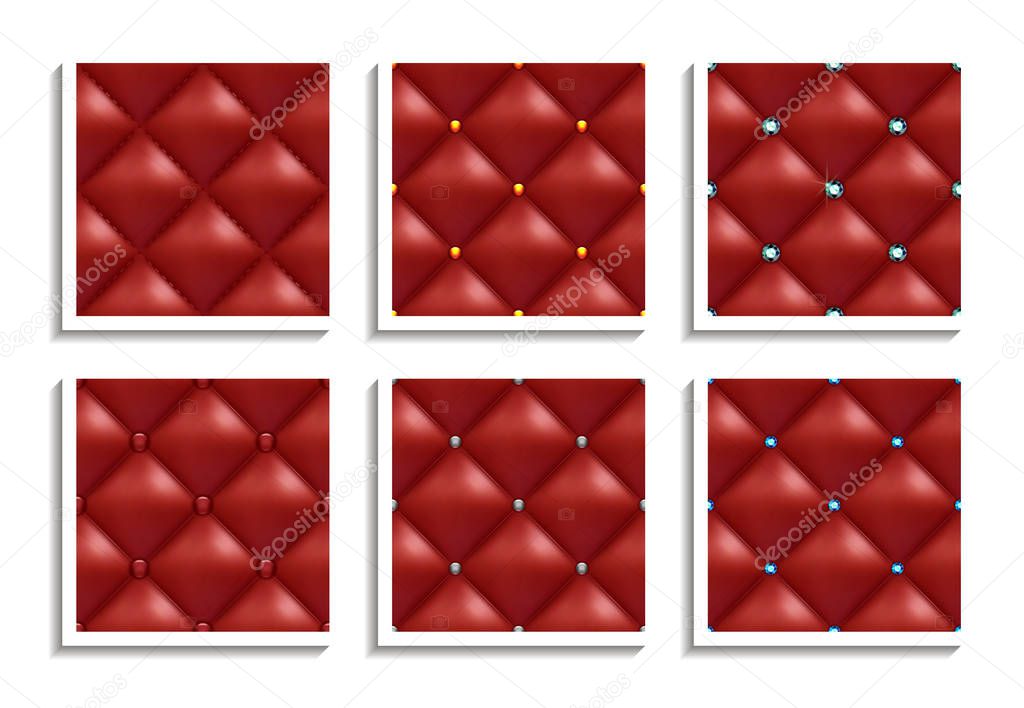 Seamless vector patterns of red leather upholstery with gold, silver, diamond buttons. Luxury textures of vintage furniture