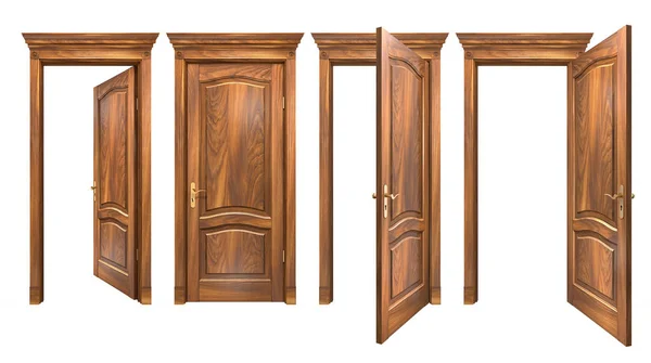 Puertas de madera marrones cerradas y abiertas aisladas en blanco. Entrada natural de madera dura con paneles arqueados, cornisa, columnas. Renderizado 3D de alta resolución con espacio de copia —  Fotos de Stock