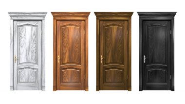 Siyah, kahverengi, gri ahşap kapılar beyaz üzerine izole edilmiş. Süslü, mantarlı, sütunlu sert ahşap vintage kapı. Kopya alanı ile meşe girişinin yüksek çözünürlüklü 3d görüntülemesi