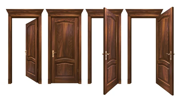 Zamknięte i otwarte brązowe drzwi drewniane izolowane na biało. Dębowe naturalne wejście z twardego drewna łukowego panele, gzymsy, kolumny. Wysoka rozdzielczość 3d renderowanie wejście vintage z miejsca kopiowania — Zdjęcie stockowe