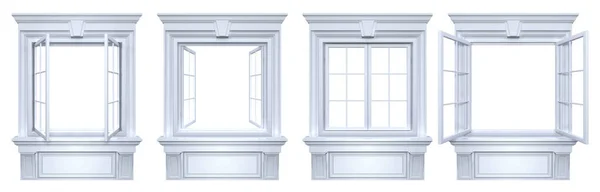 古典的な装飾が施された閉じて開いているヴィンテージの窓 コピースペースと白に隔離されたコーニスフレームを持つ開口部のセット — ストック写真
