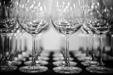 Satır boş şarap gözlük masaya | Siyah ve beyaz | Yakın çekim