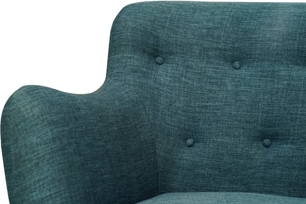 Blaues Sofa aus Stoff, Detailaufnahme mit Knöpfen und Sessel. Möbel Showroom Fotografie — Stockfoto