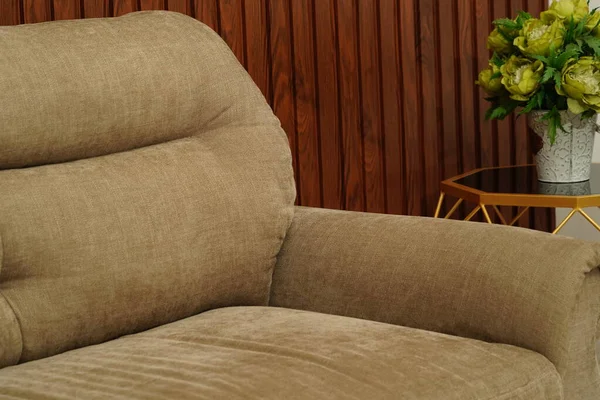 Yellow fabric sofa, close up detail. Interior furniture showroom photography — Stock Photo, Image