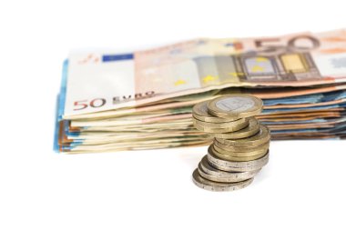 Banknot bill euro ve sikke yığını yığını