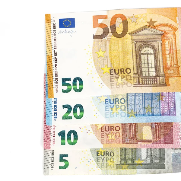 Euro-Banknoten im Hintergrund. 2, 10, 20 und 50 Euro. Konzept Erfolg reiche Wirtschaft. auf weißem Hintergrund — Stockfoto