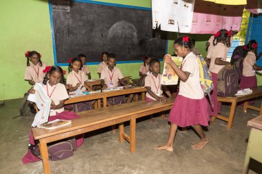 Belgesel yayın görüntü. Hükümet kamu okulda sınıfta belirlenemeyen okul çocukları çalışma.