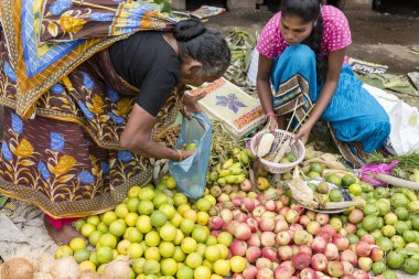 Belgesel yayın görüntü. Kimliği belirsiz bir Hint Tamil Nadu küçük kırsal köy pazarında meyve ve sebze onun dükkanında.
