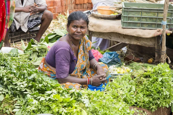 Dokumentární snímek redakční. Neidentifikované indický v jeho ovoce a zeleniny shop v malé Jihočeské vesnice trhu v Tamil Nadu. — Stock fotografie