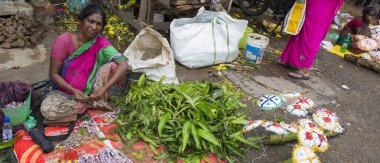 Belgesel yayın görüntü. Kimliği belirsiz bir Hint Tamil Nadu küçük kırsal köy pazarında meyve ve sebze onun dükkanında.