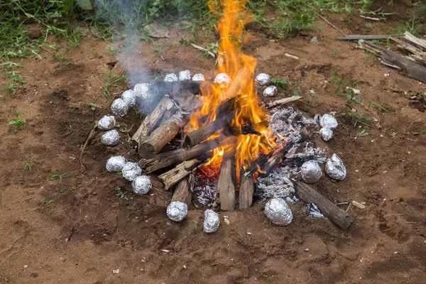 Ahşap bir mangal Bahçede yanan