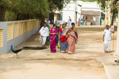 Belgesel yayın. Ashram'daki Sri Ramana Maharshi, Tiruvannamalai, Tamil Nadu, Hindistan - Mart yaklaşık, 2018. Kimliği belirsiz bir kadın ve adam ve ashram alan çocuklarda meditasyon yapmak için dua, maneviyat.