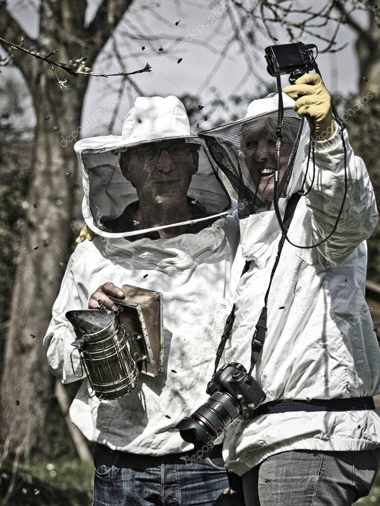 beekeepers making selfie in the apiary, beekeeping