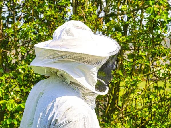 Sluit de imker die in de bijenstal werkt. Bijenteeltconcept. Bijenhouders oogsten honing — Stockfoto