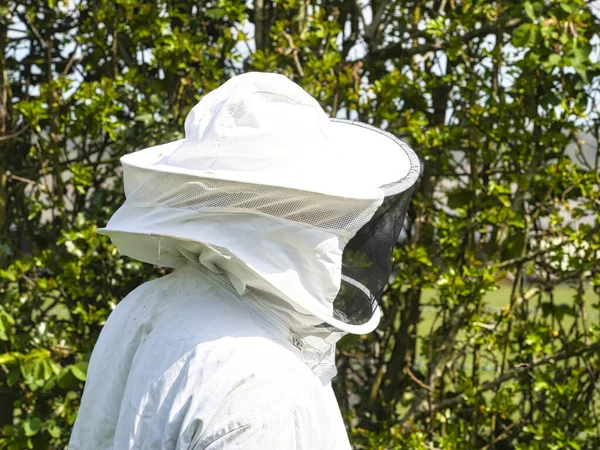 Sluit de imker die in de bijenstal werkt. Bijenteeltconcept. Bijenhouders oogsten honing — Stockfoto