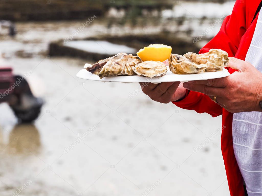 Man eating oysters on white plate lunch time outdoor