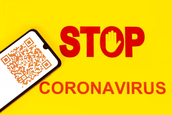 Sluta Logga Med Orange Färgglada Kod Smarttelefonskärmen För Coronavirus Covid — Stockfoto
