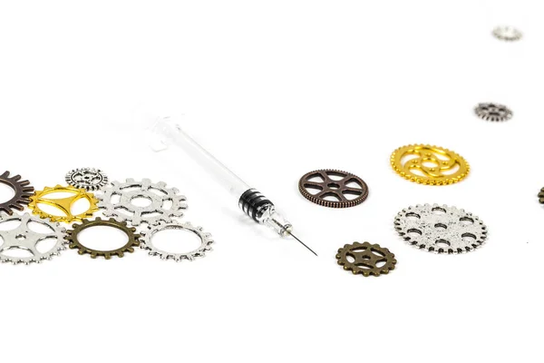 Cog gear wheels with syringe vaccine in the middle. Mechanism concept to illustrate social distancing, vaccine, treatment, to stop coronavirus infection and lockdown. On white background