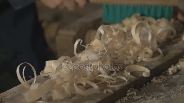 Maestro falegname fa basting sul bordo con una matita, disegna, strumento di lavoro artigiano in officina . — Video Stock