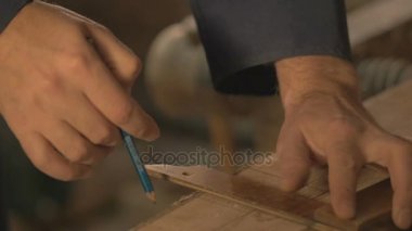 Tahtaya kötek bir kalem, berabere, atölye ustası iş aleti ile ana marangoz yapar.