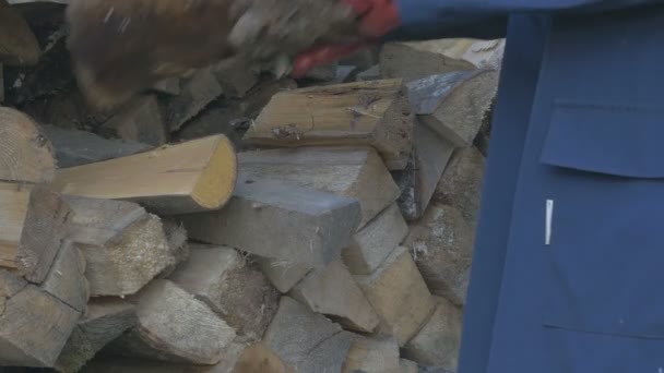 O trabalhador coloca a madeira perto das paredes do celeiro da casa. Residente produzir um combustível de madeira natural. Disparo manual. 4K — Vídeo de Stock
