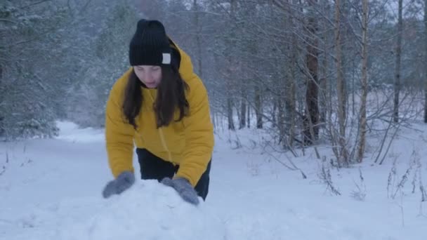 En flicka skulpterar en snögubbe i snön på vintern. — Stockvideo