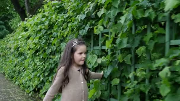 Una chica con una corona en la cabeza camina en el jardín de verano — Vídeos de Stock