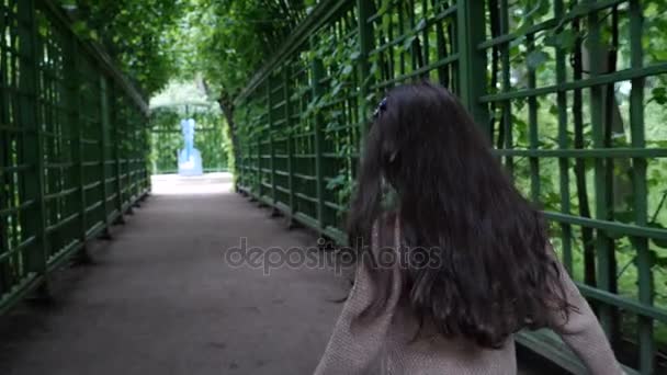 Una chica con una corona en la cabeza camina en el jardín de verano — Vídeo de stock