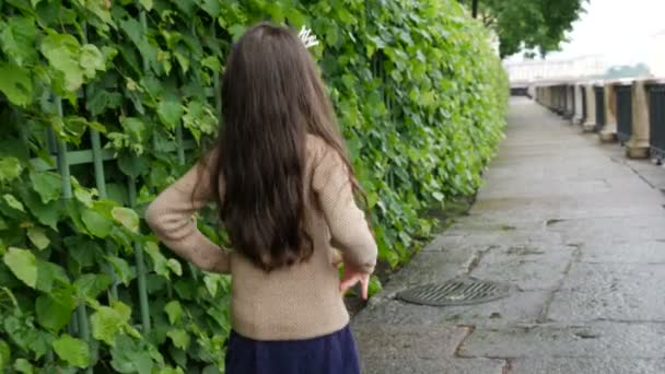 Een meisje met een kroon op haar hoofd loopt in de zomertuin — Stockvideo