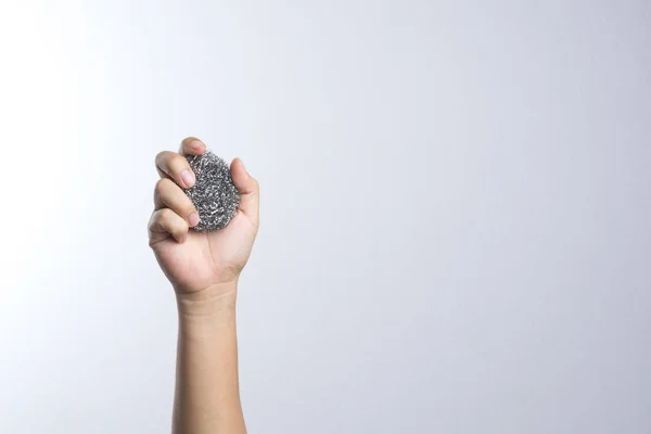 Hand holding steel wool — Stock Photo, Image