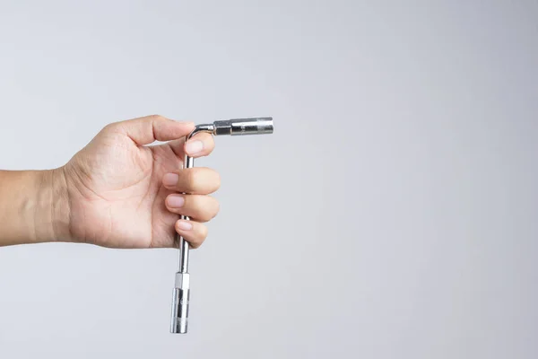 Hand Holding Metallic Cap Ring Wrench White Background — Stock Photo, Image