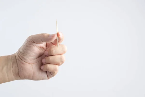 Hand Holding Bamboo Wooden Toothpick White Background — Stock Photo, Image