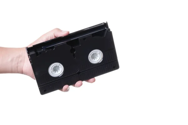 Hand Hält Altes Analoges Vhs Videokassettenband Auf Weißem Hintergrund — Stockfoto