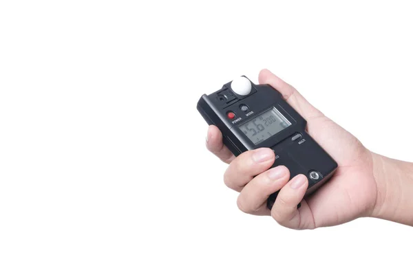 Hand Holding Light Exposure Meter Photograph Device Measuring Illumination White — Stock Photo, Image