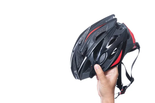 Hand met fiets veiligheidshelm voor mountainbike of alle purp — Stockfoto