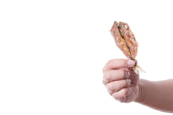 Hand Houden Van Zoete Gedroogde Vis Met Witte Sesam Een — Stockfoto