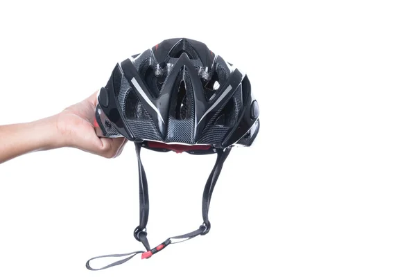 Hand met fiets veiligheidshelm voor mountainbike of alle purp — Stockfoto