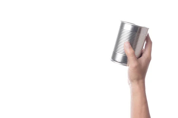Puszka z aluminium do żywności do ręcznego trzymania blachy lub stali — Zdjęcie stockowe