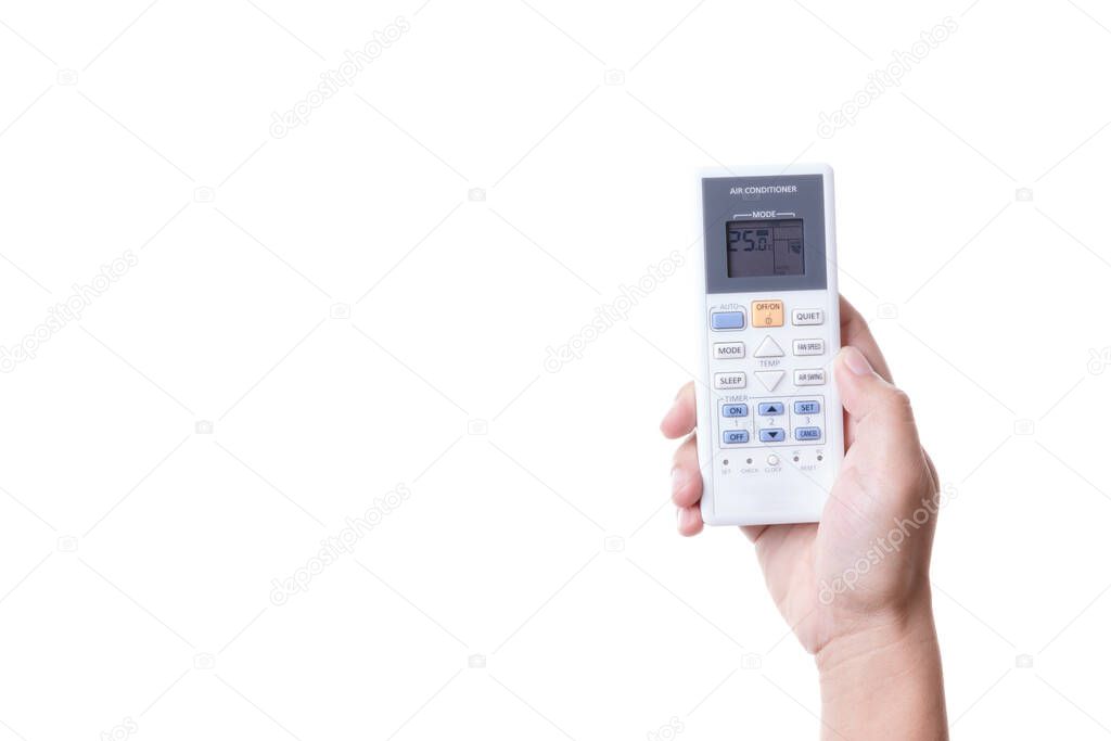 Hand holding air conditioner remote control adjust temperature t