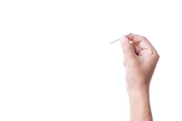 Hand Holding Metal Wood Nail — Stock Photo, Image