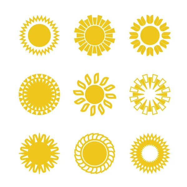 Conjunto de nove ícones amarelos do sol — Vetor de Stock
