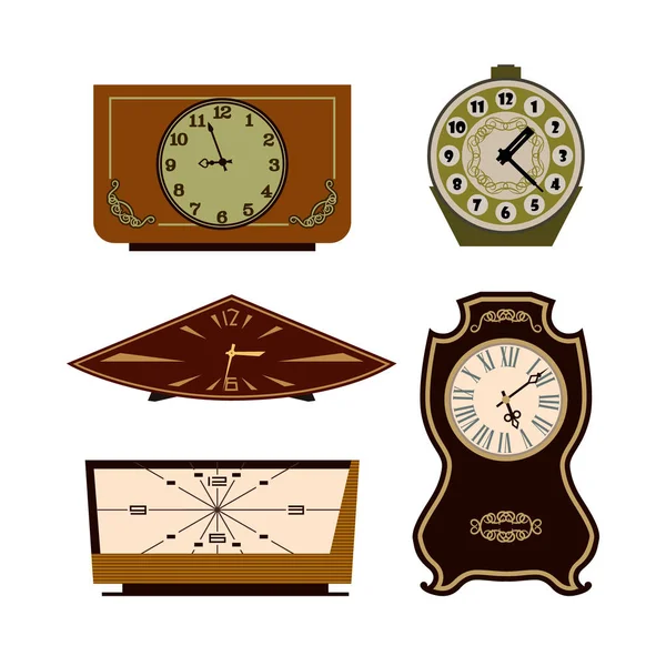 Coleção Relógios Mecânicos Vintage Isolados Sobre Fundo Branco Relógios Diferentes —  Vetores de Stock