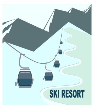 Ski resort with snow-capped mountain peaks and ski lift clipart